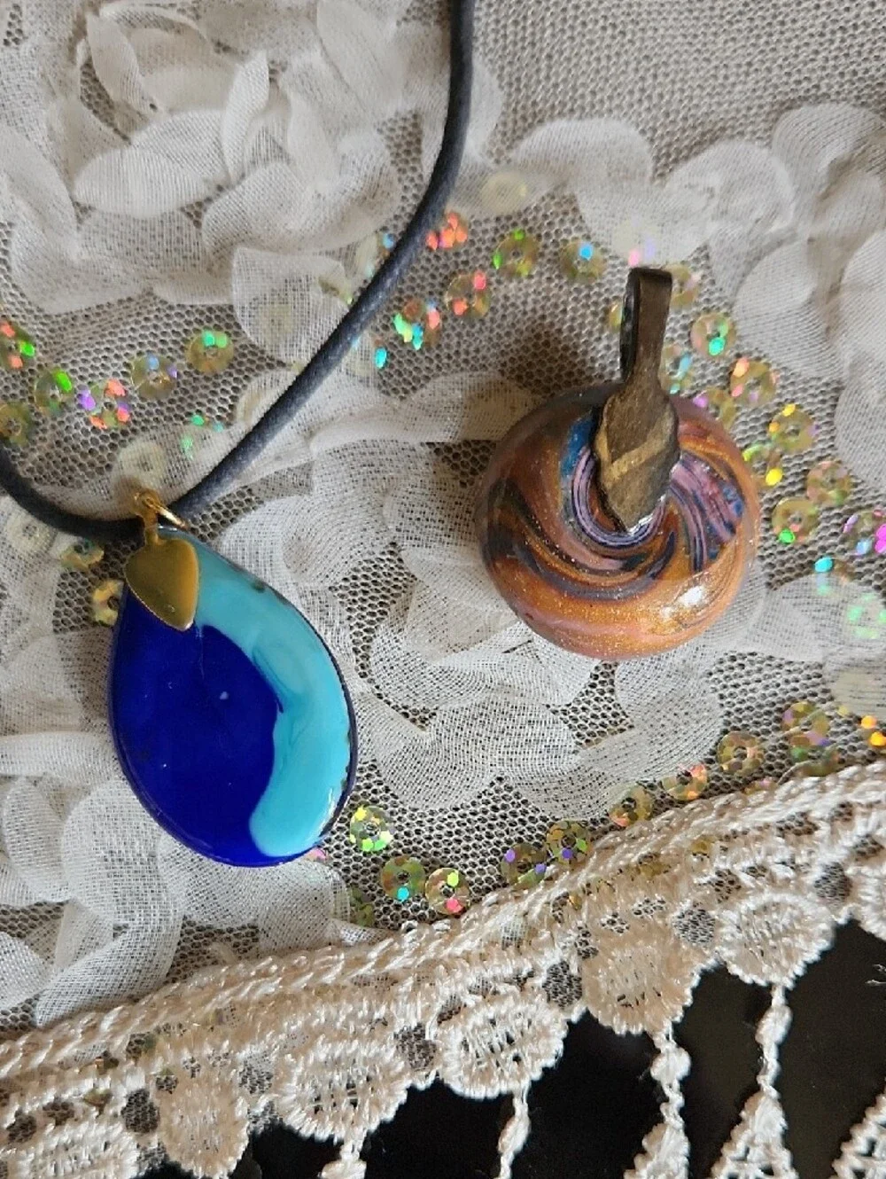 Handmade Teardrop Blue and Turquoise Glass Pendant And Swireled Ceramic Pendant